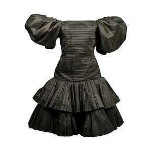 Oscar de la Renta Vintage 1980’s Black Puff Sleeve Pleated Ruffle Dress, size 8